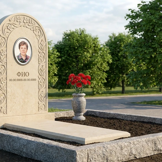 Памятник из светлого известняка в форме арки с цветами