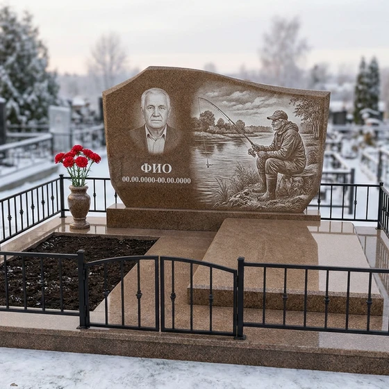 Гранитный памятник рыбаку в виде скалы с рыбацкой лодкой