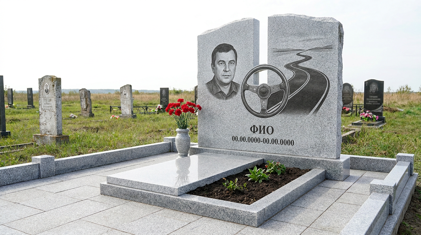 Пример дизайна: Гранитный памятник дальнобойщику с фактурой скалы с рулём и трассой