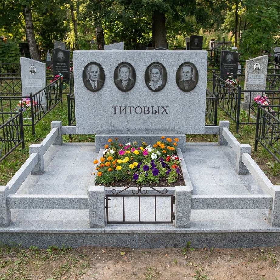 Пример дизайна: Семейный памятник на четверых из серого гранита — фото и цена