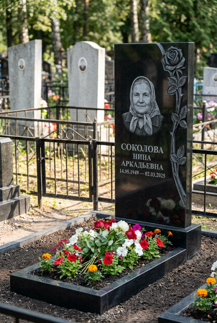 Пример дизайна: Мемориал с розой из черного габбро-диабаза