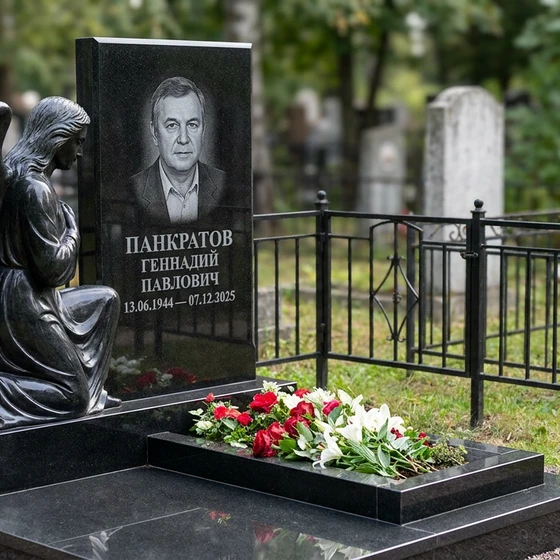 Памятник с коленопреклоненным ангелом из черного габбро-диабаза