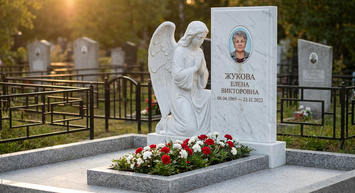 Пример дизайна: Мемориал с коленопреклонённым ангелом из белого мрамора