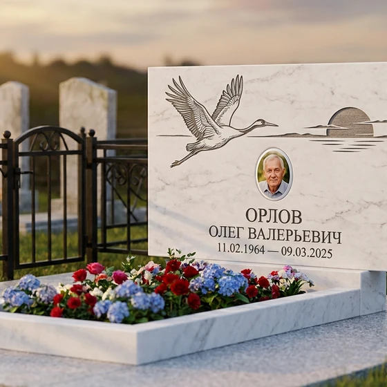 Памятник с журавлиным клином из белого мрамора