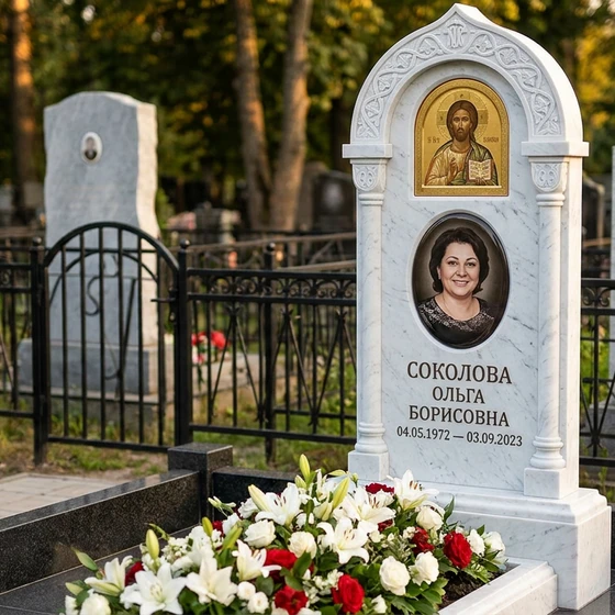 Памятник с иконой Спасителя из белого мрамора с фотопортретом