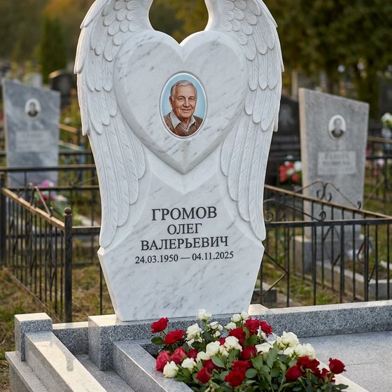 Памятник с сердцем в крыльях из белого мрамора