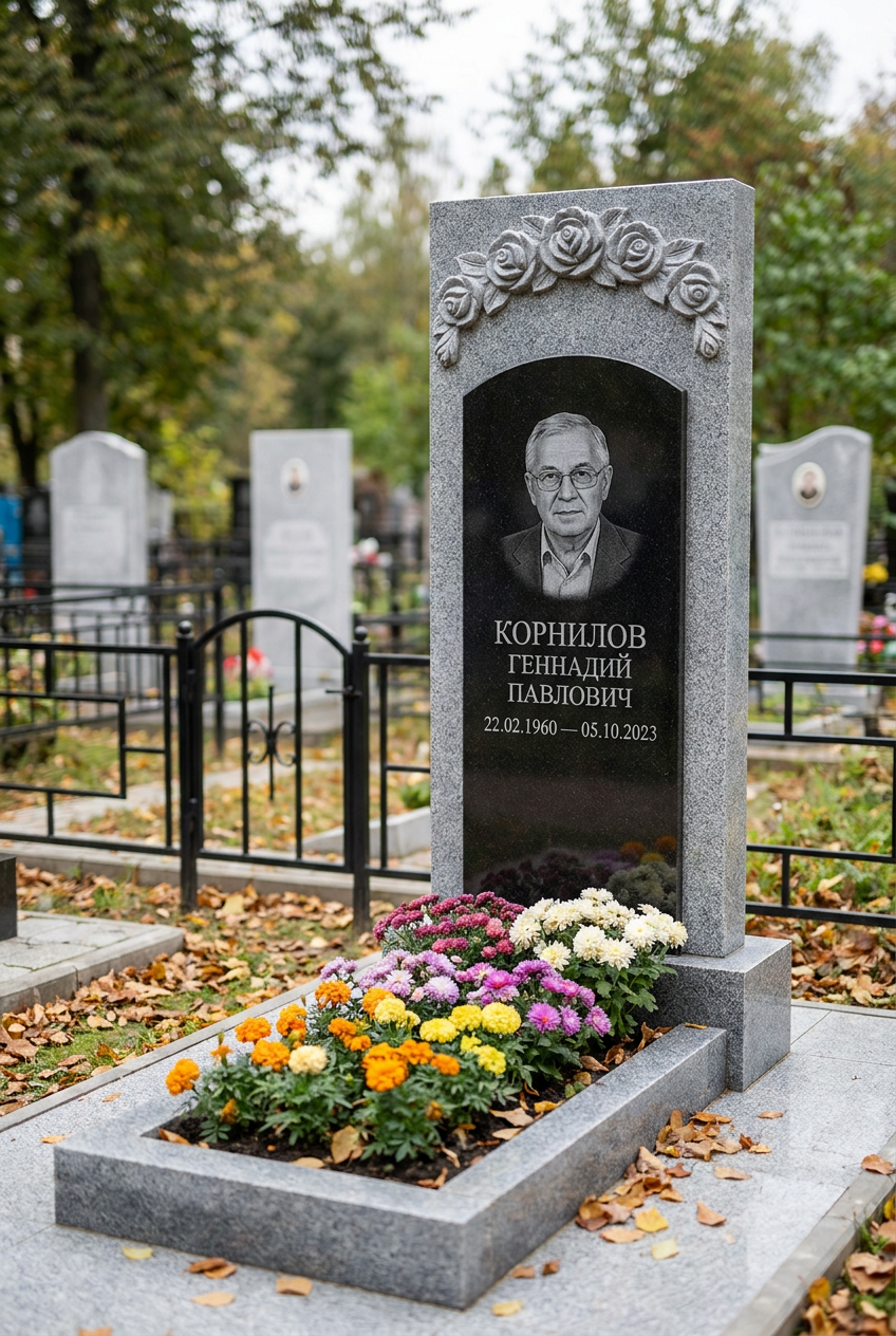 Пример дизайна: Памятник с гирляндой роз из мансуровского гранита с портретом