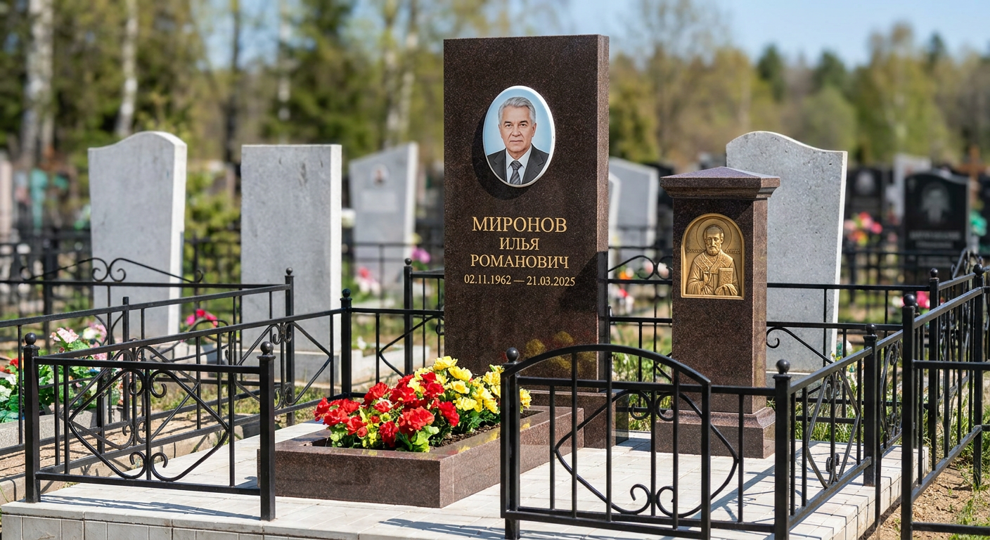 Пример дизайна: памятник с иконой и портретом из дымовского гранита с крестом