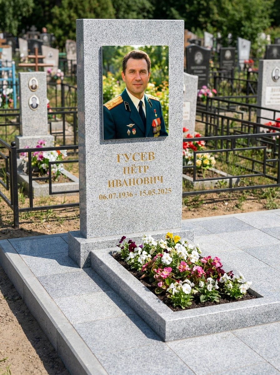 Портрет на памятнике в Волгограде — Прямоугольник на гранитной стеле, ФИО и даты на портрете